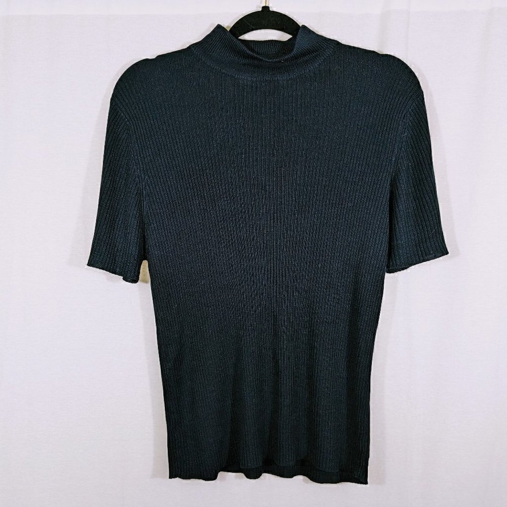 Vintage Navy Blue Short Sleeve Mock Neck Ribbed Sweater Size L